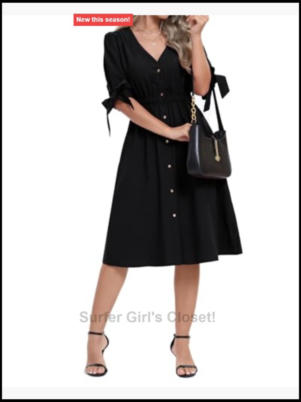 Women's Puff Sleeve V-Neck Button Tie Midi Dress Rayon Blend A-Line - Picture 5 of 7
